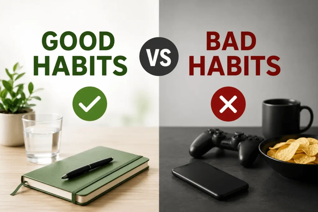 Good Habits vs Bad Habits comparison image showing a split workspace with healthy lifestyle items like a notebook, water, and plant on one side, and distractions like a smartphone, gaming controller, chips, and coffee on the other, illustrating the difference between positive and negative daily habits.