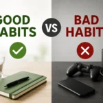 Good Habits vs Bad Habits comparison image showing a split workspace with healthy lifestyle items like a notebook, water, and plant on one side, and distractions like a smartphone, gaming controller, chips, and coffee on the other, illustrating the difference between positive and negative daily habits.