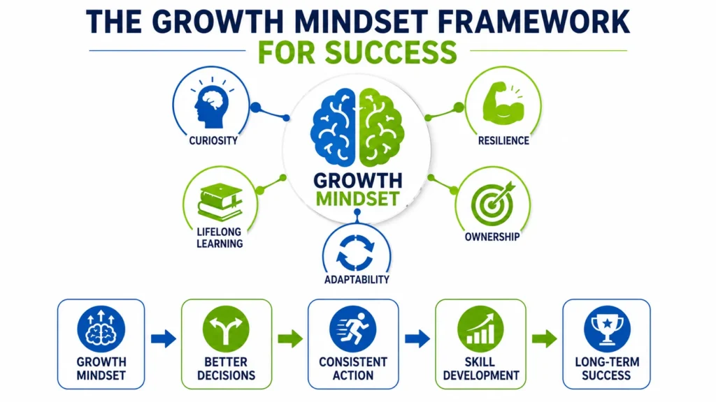 Growth mindset framework infographic showing curiosity, resilience, ownership, adaptability, lifelong learning, and the path to long-term success.