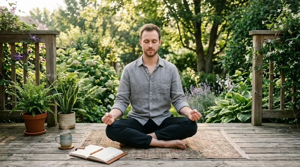 Young man practicing mindfulness meditation to improve the benefits of wellness for mental and emotional health.