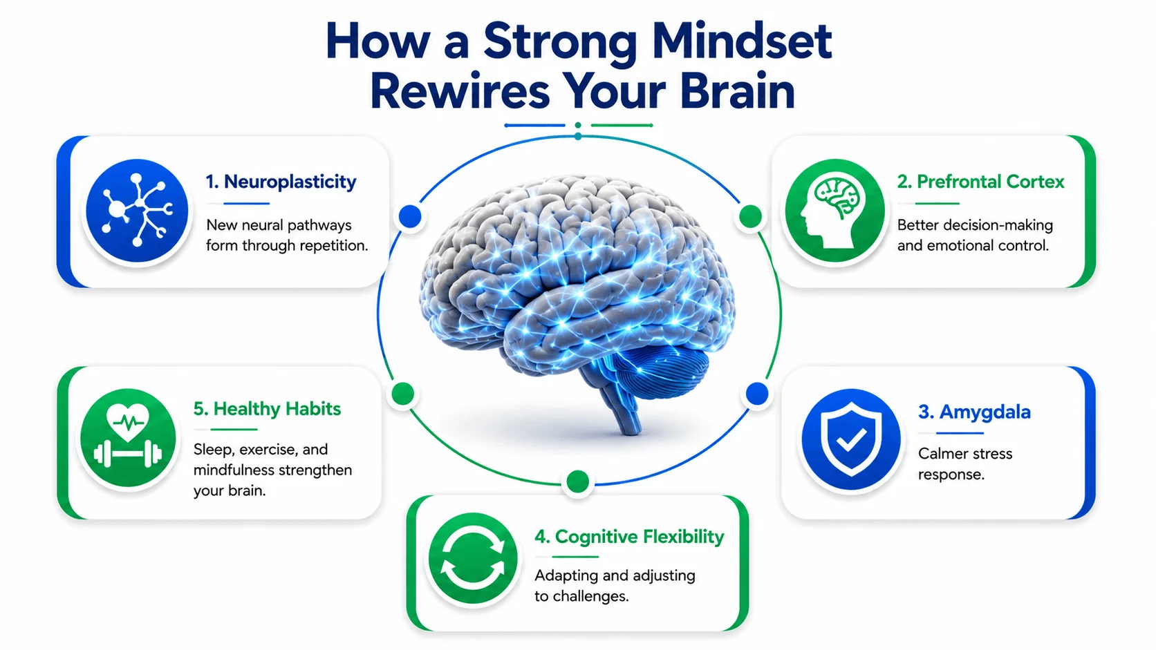 Infographic showing how a strong mindset rewires the brain through neuroplasticity, emotional regulation, cognitive flexibility, and healthy habits.