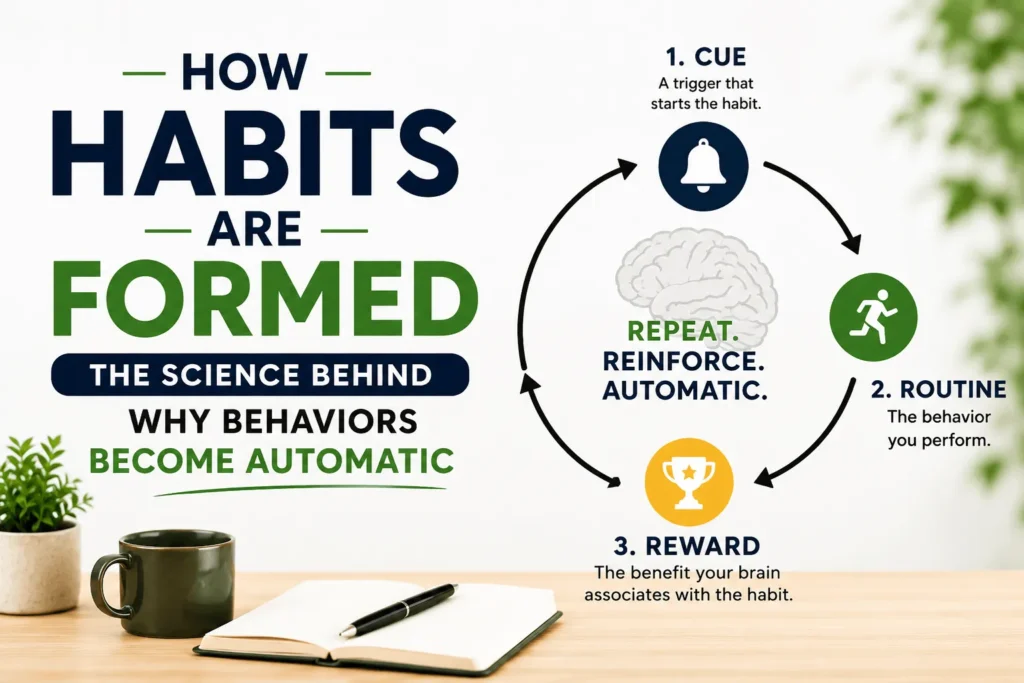 How habits are formed infographic showing the habit loop of cue, routine, and reward with a circular flow around a brain illustration, alongside a minimalist workspace featuring a notebook, coffee mug, and plant, explaining the science behind why behaviors become automatic.