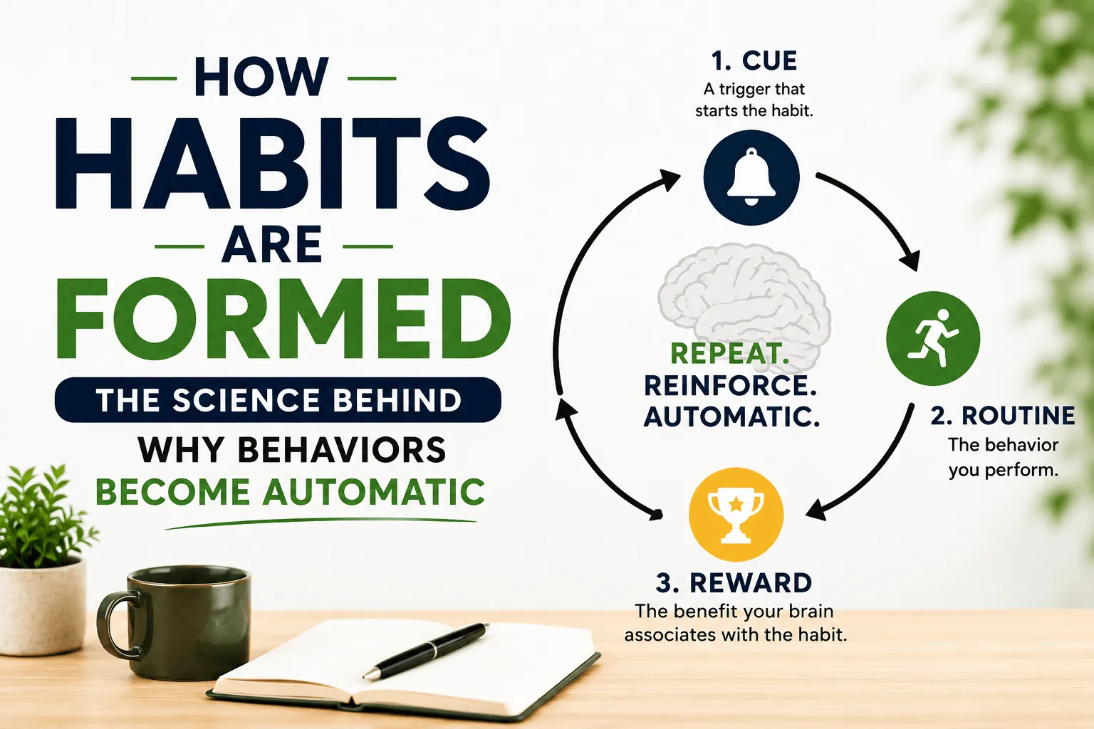 How habits are formed infographic showing the habit loop of cue, routine, and reward with a circular flow around a brain illustration, alongside a minimalist workspace featuring a notebook, coffee mug, and plant, explaining the science behind why behaviors become automatic.