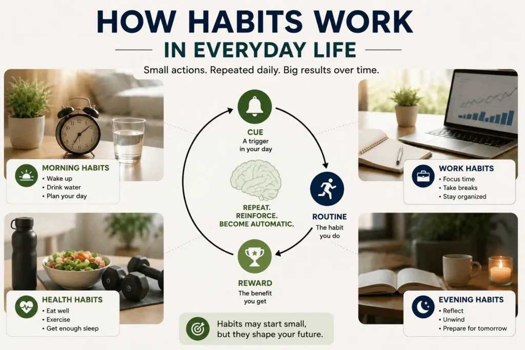 How habits work in everyday life infographic showing the habit loop of cue, routine, and reward surrounded by real-life examples of morning, work, health, and evening habits, illustrating how small daily actions become automatic routines over time.