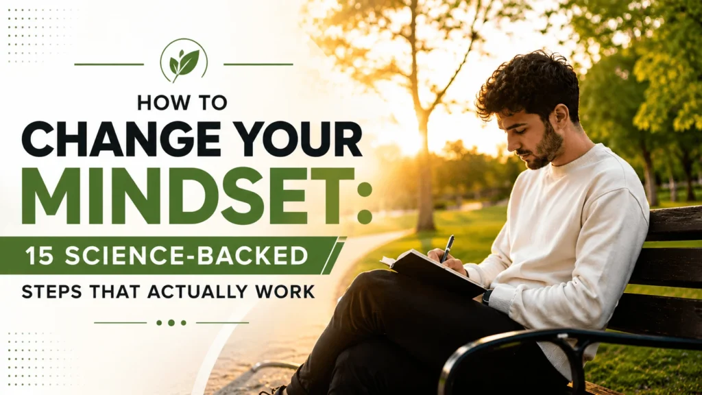 How to change your mindset featured image showing a person journaling at sunrise, symbolizing personal growth and science-backed transformation.