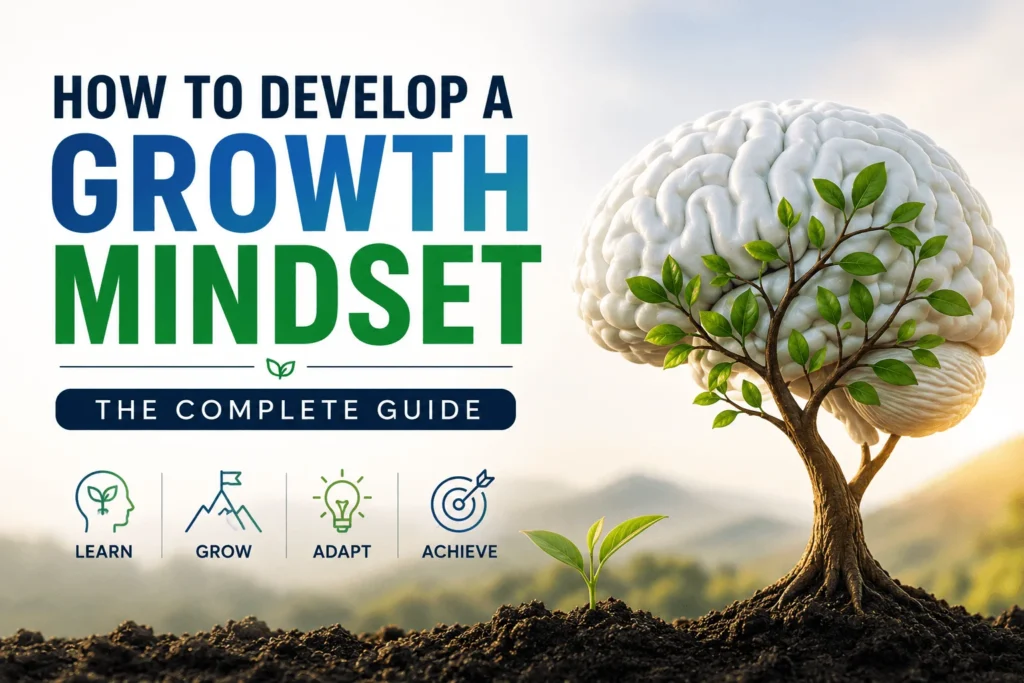 How to develop a growth mindset illustrated by a brain growing into a tree, symbolizing learning and personal growth.