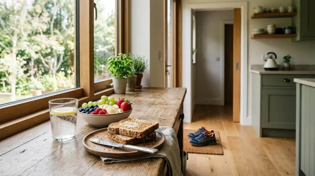 Simple daily wellness habits including healthy breakfast, hydration, and walking shoes for beginners.