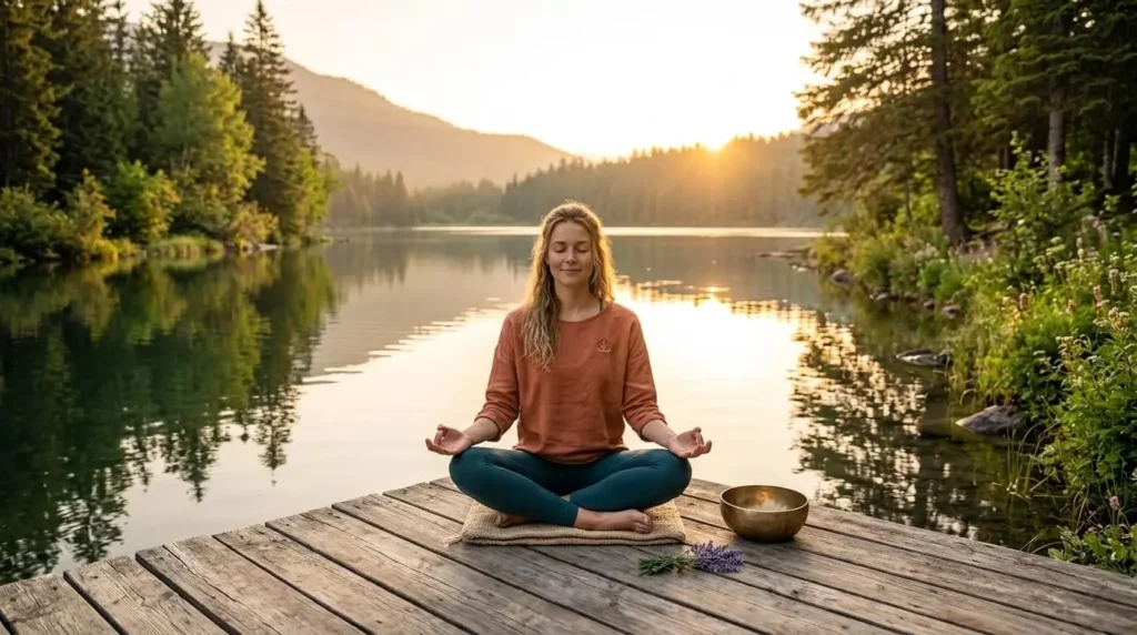 A person practicing mindfulness meditation outdoors to improve wellness and happiness through stress management.