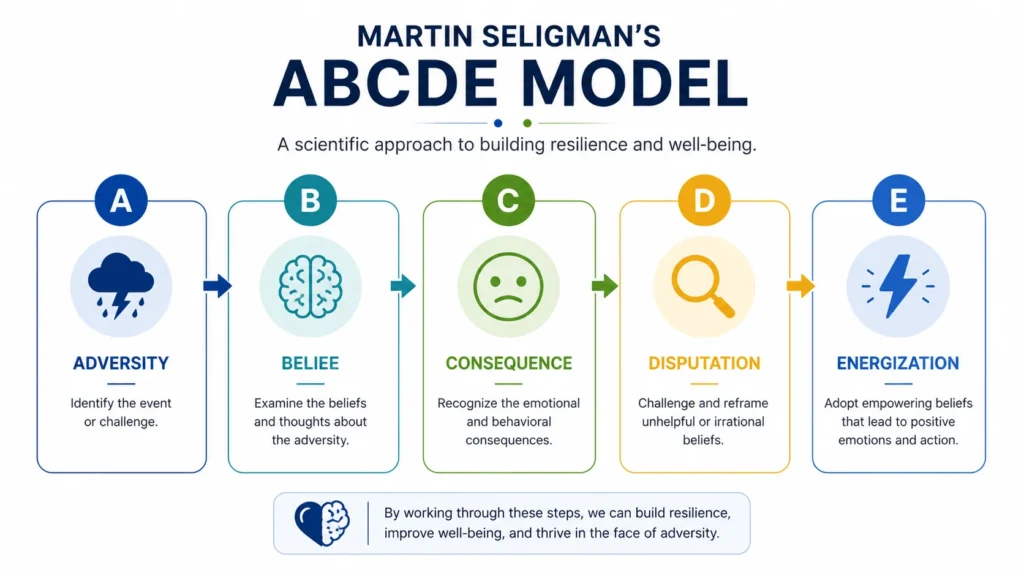 Martin Seligman’s ABCDE Model infographic showing adversity, belief, consequence, disputation, and energization connected in a resilience-building process.