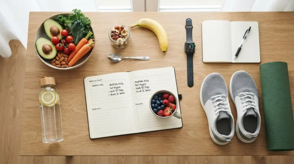 A wellness goals planner with healthy food, a water bottle, running shoes, a yoga mat, and a smartwatch arranged on a wooden desk.