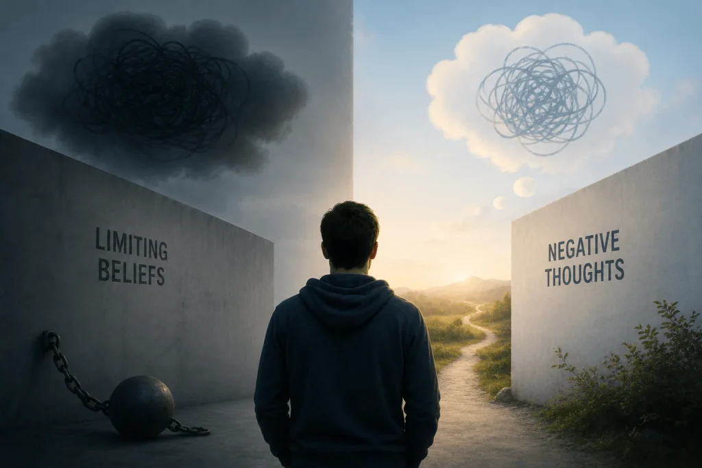 Visual comparison of limiting beliefs vs negative thoughts, showing mental barriers, negative thinking, and a path toward personal growth.