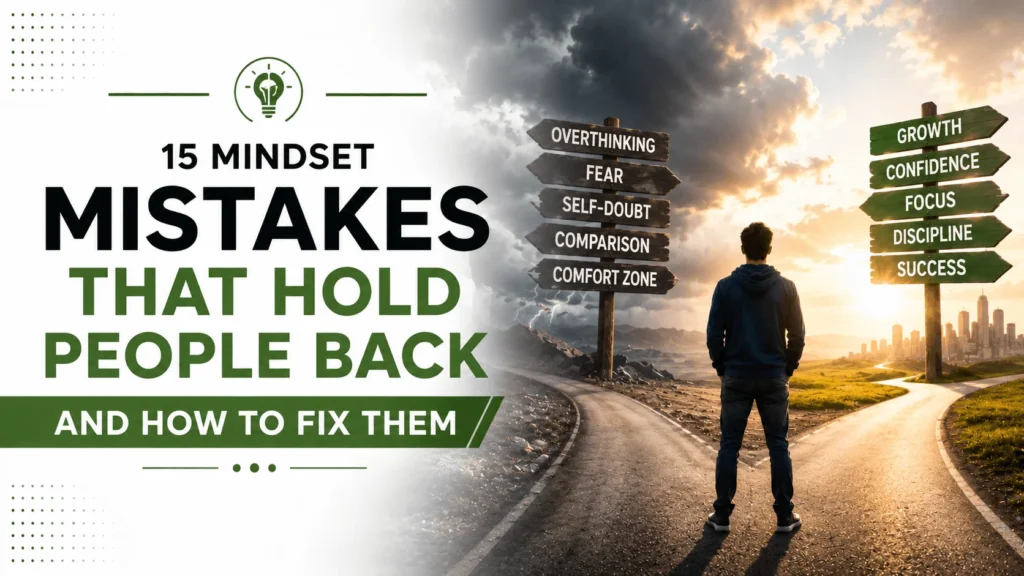 Person standing at a crossroads representing 15 mindset mistakes that hold people back from success and choosing the path to growth and self-improvement.
