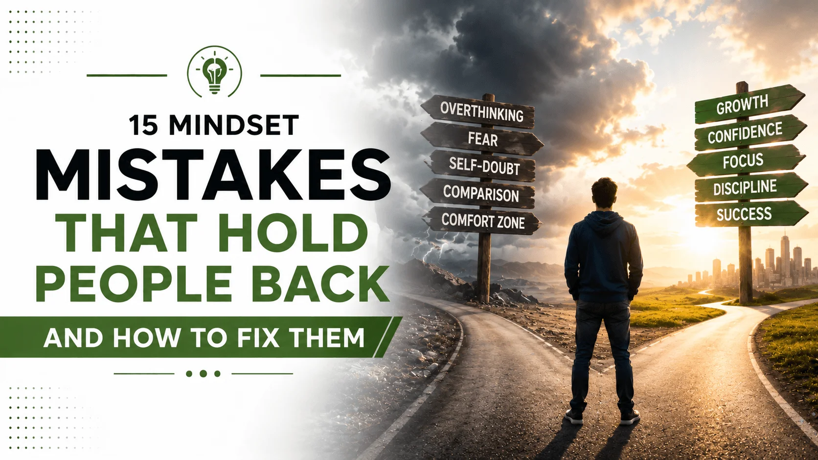 Person standing at a crossroads representing 15 mindset mistakes that hold people back from success and choosing the path to growth and self-improvement.