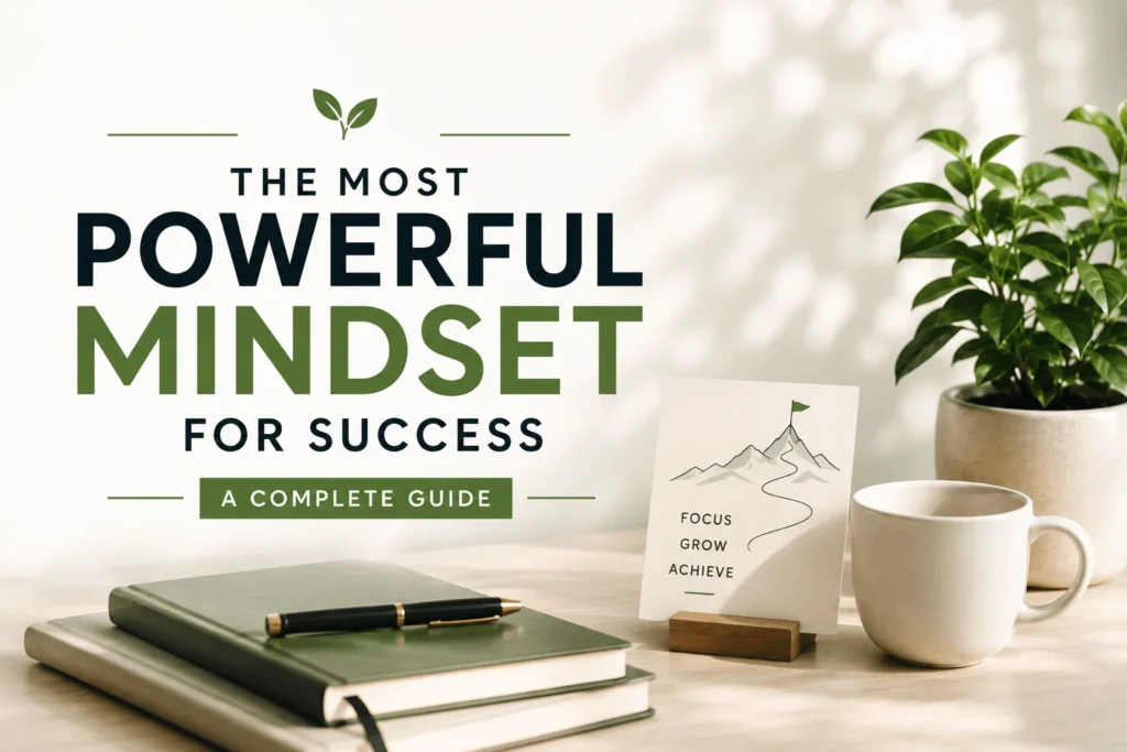 Most powerful mindset for success featured image with modern workspace, books, coffee, and plant symbolizing growth, focus, and achievement.