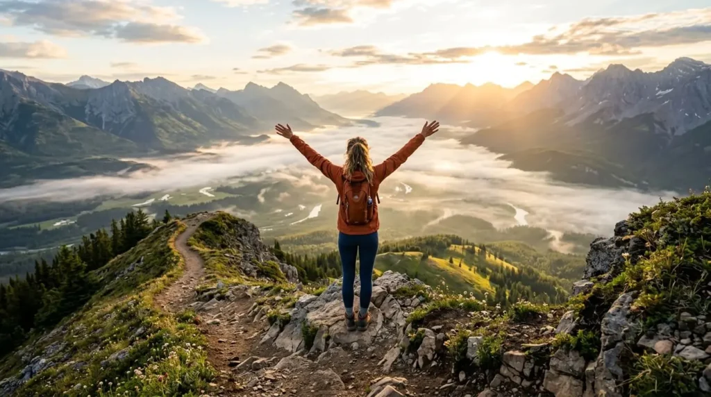 A person enjoying a peaceful sunrise in nature, symbolizing the connection between wellness and happiness through a healthy lifestyle.