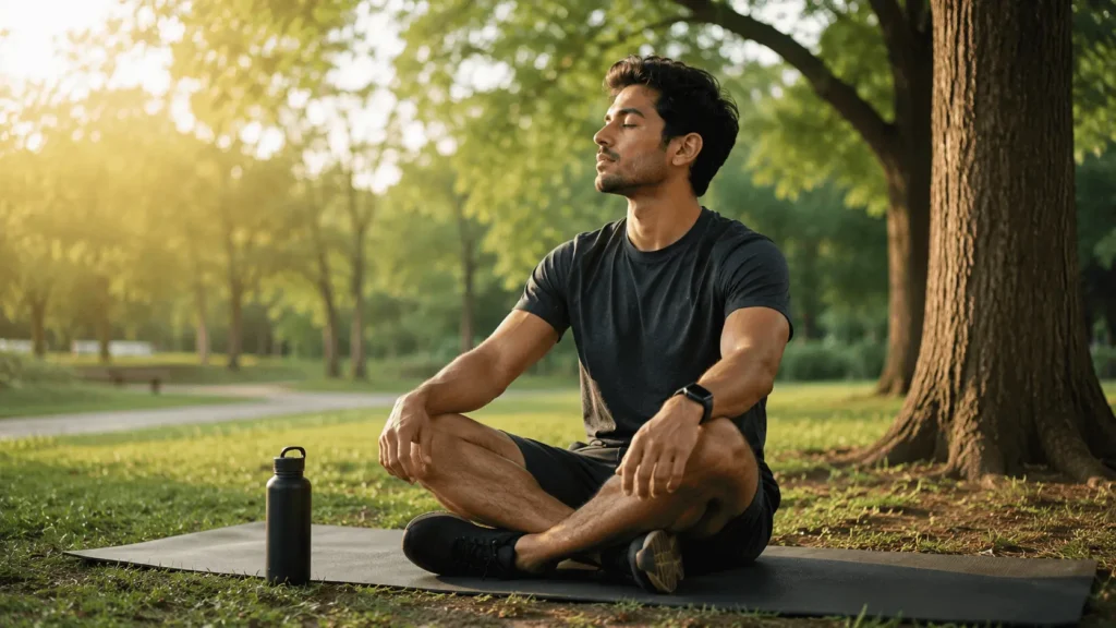 Man practicing mindfulness and physical activity to support overall well being through stress management and healthy lifestyle habits.