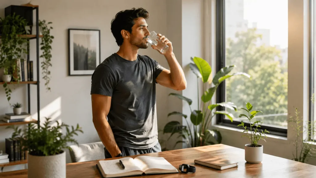 Young man building small daily habits to improve overall well being through hydration, journaling, and a healthy morning routine
