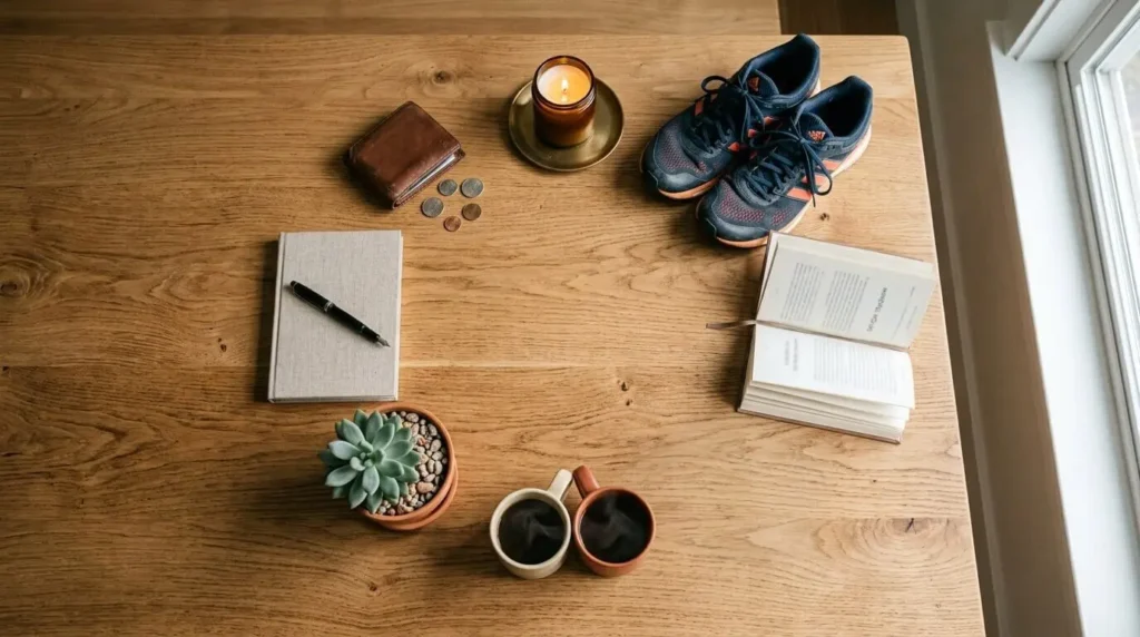 Everyday objects representing the dimensions of wellness in a clean editorial flat lay for a complete wellness guide.