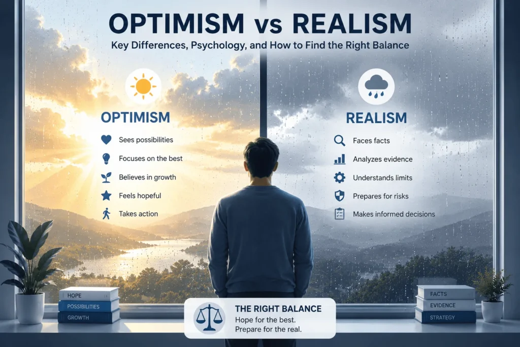 Optimism vs realism illustration showing rain-covered window, sunlight breaking through clouds, and a thoughtful person balancing hope with reality.