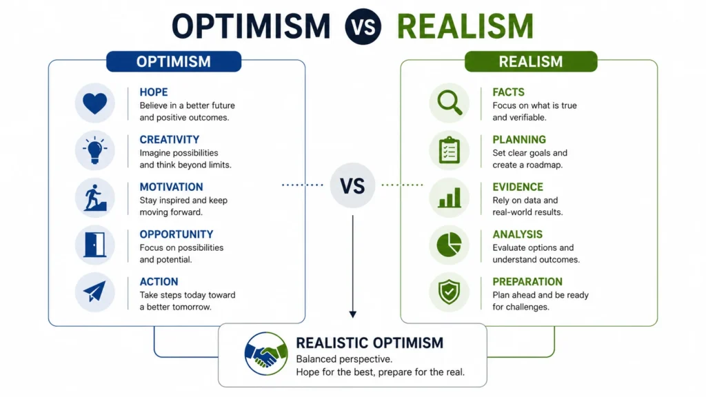 Optimism vs realism comparison infographic showing hope, creativity, facts, planning, and realistic optimism as the balanced mindset.