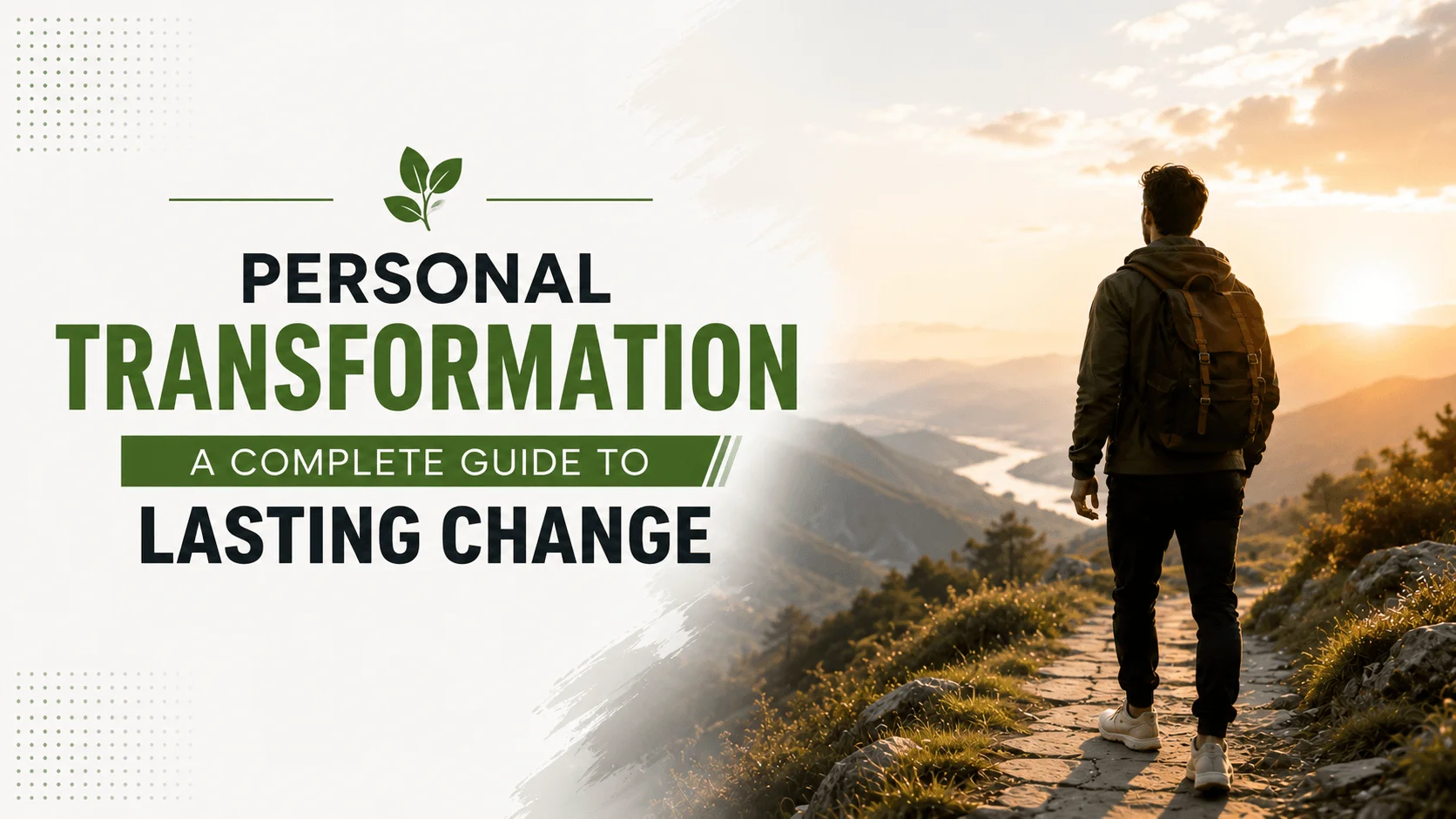 Personal transformation journey showing a person walking toward sunrise, symbolizing lasting change, growth, resilience, and mindset development.