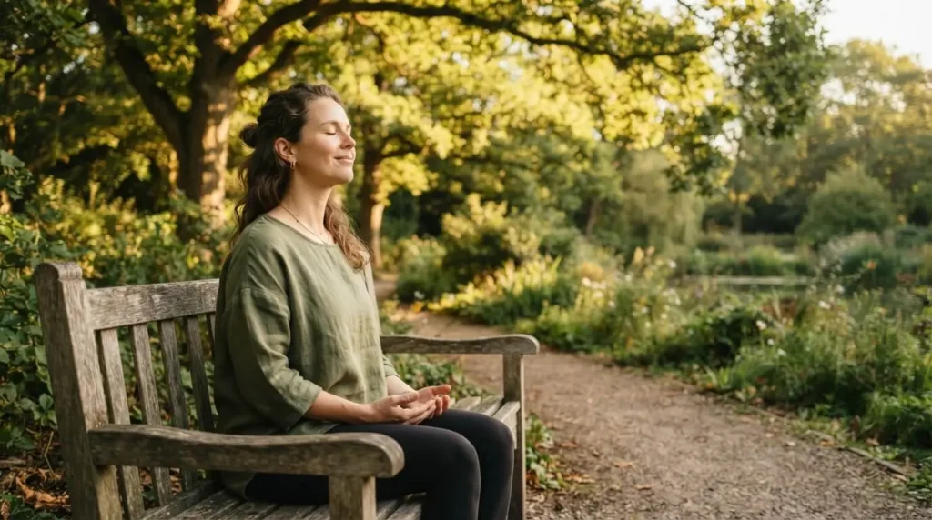 Lady sitting on a park bench practicing mindfulness and deep breathing to support wellness goals and emotional well-being.