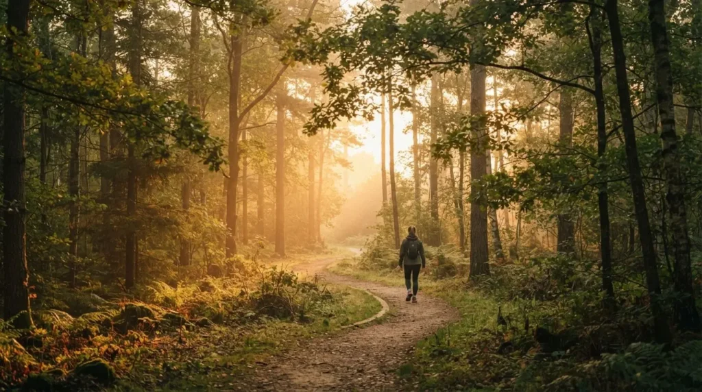 A person enjoying a peaceful sunrise walk in nature as part of their wellness goals for better physical and mental health.