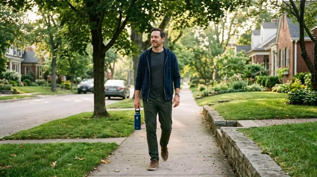 Man following a simple daily walking routine as part of a personal wellness plan and healthy long-term habits