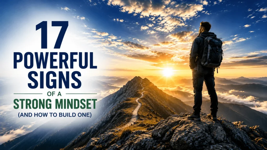Person standing confidently on a mountain summit at sunrise, symbolizing 17 powerful signs of a strong mindset and personal growth.