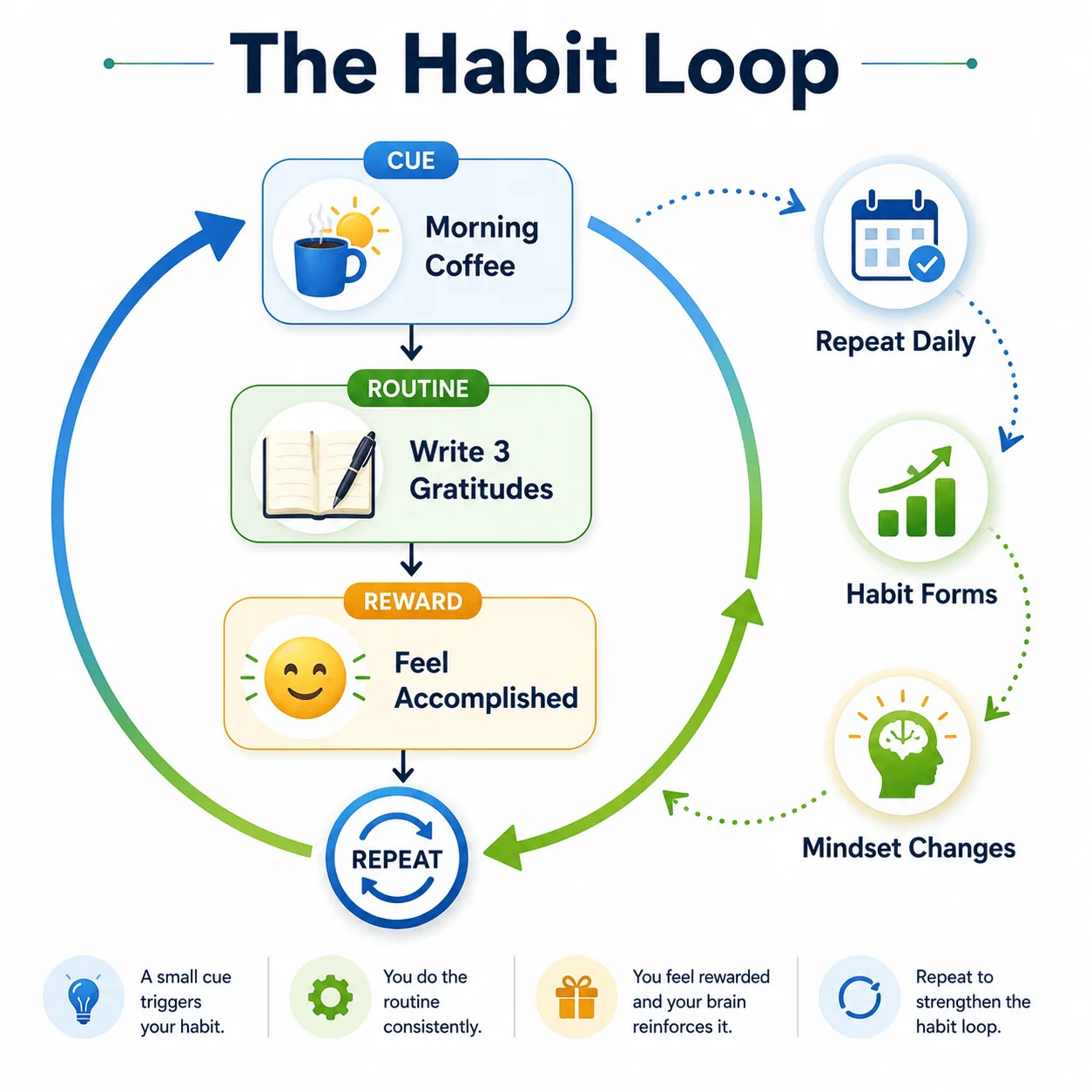 The habit loop infographic showing cue, routine, reward, repetition, and how daily habits create lasting mindset changes.