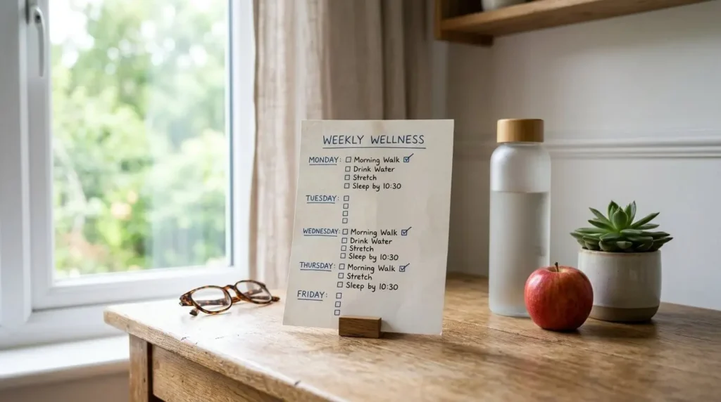 Simple sustainable wellness routine with healthy daily habits organized on a weekly plan.