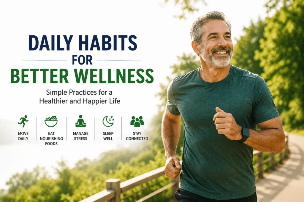 Healthy older man jogging outdoors on a scenic trail, representing wellness habits that promote daily fitness, energy, and a healthier lifestyle