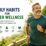 Healthy older man jogging outdoors on a scenic trail, representing wellness habits that promote daily fitness, energy, and a healthier lifestyle