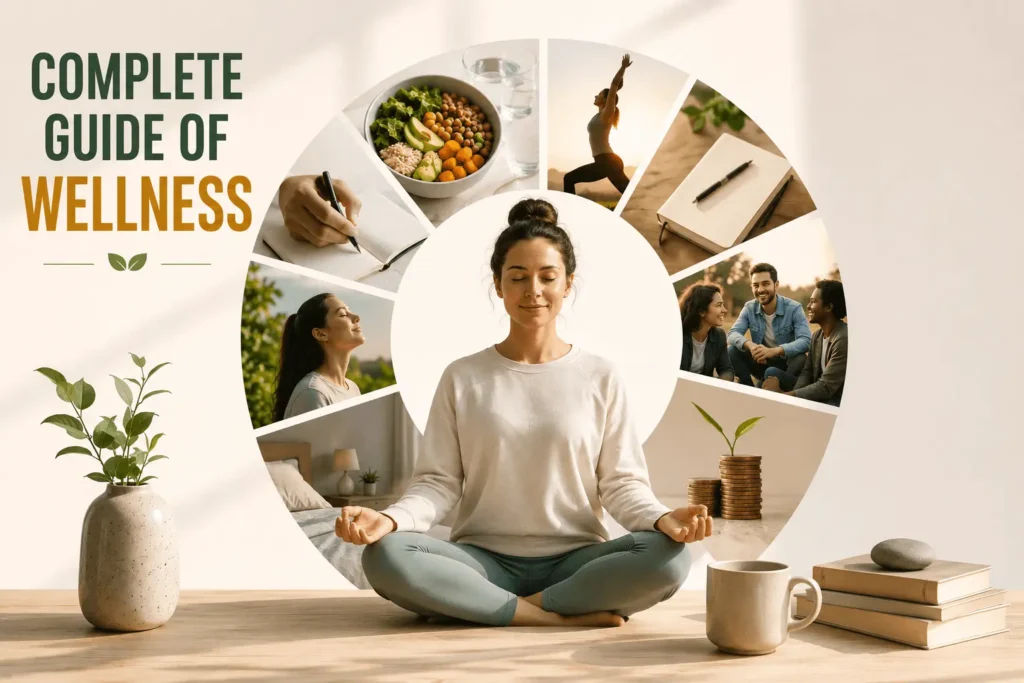 featuring a person practicing mindfulness surrounded by key dimensions of wellness, including healthy eating, exercise, journaling, quality sleep, social connection, financial well-being, and balanced daily habits.