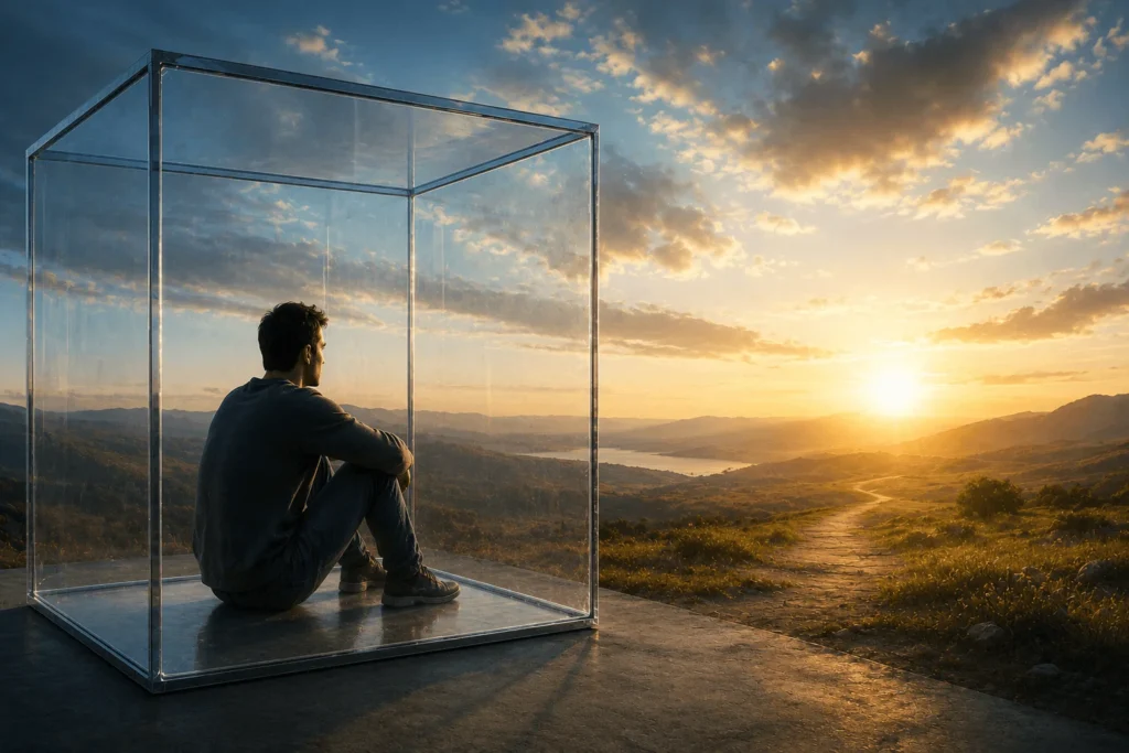 Illustration showing common limiting beliefs acting like invisible barriers that prevent personal growth.
