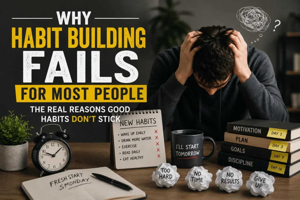 Why habit building fails for most people illustrated with a frustrated person at a desk surrounded by unfinished goals, a failed habit tracker, motivational books, and notes, highlighting the real reasons good habits don't stick and the challenges of building lasting routines.
