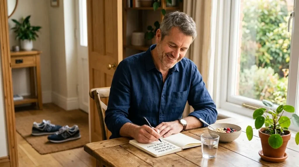 Man writing down his wellness goals in a notebook during a peaceful morning routine at home