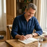 Man writing down his wellness goals in a notebook during a peaceful morning routine at home