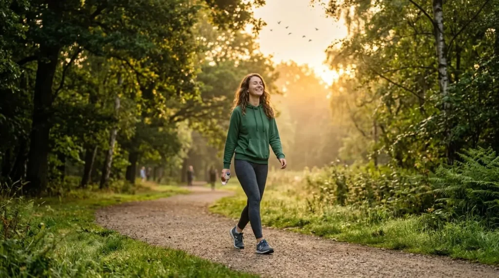 A person enjoying a peaceful morning walk in nature, promoting wellness and happiness through healthy daily habits.