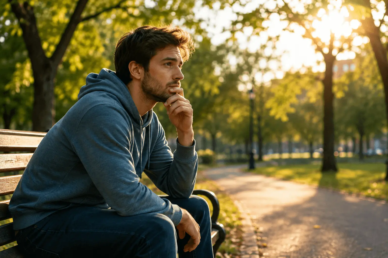 A thoughtful man sitting on a park bench in warm afternoon light, representing common mental wellness challenges and emotional well-being in everyday life.