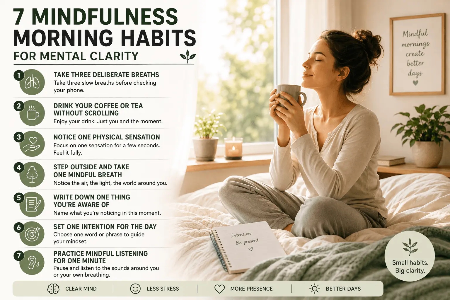 7 mindfulness morning habits for mental clarity, featuring a woman enjoying a calm morning with mindful breathing, coffee without scrolling, mindful awareness, journaling, setting an intention, and listening.