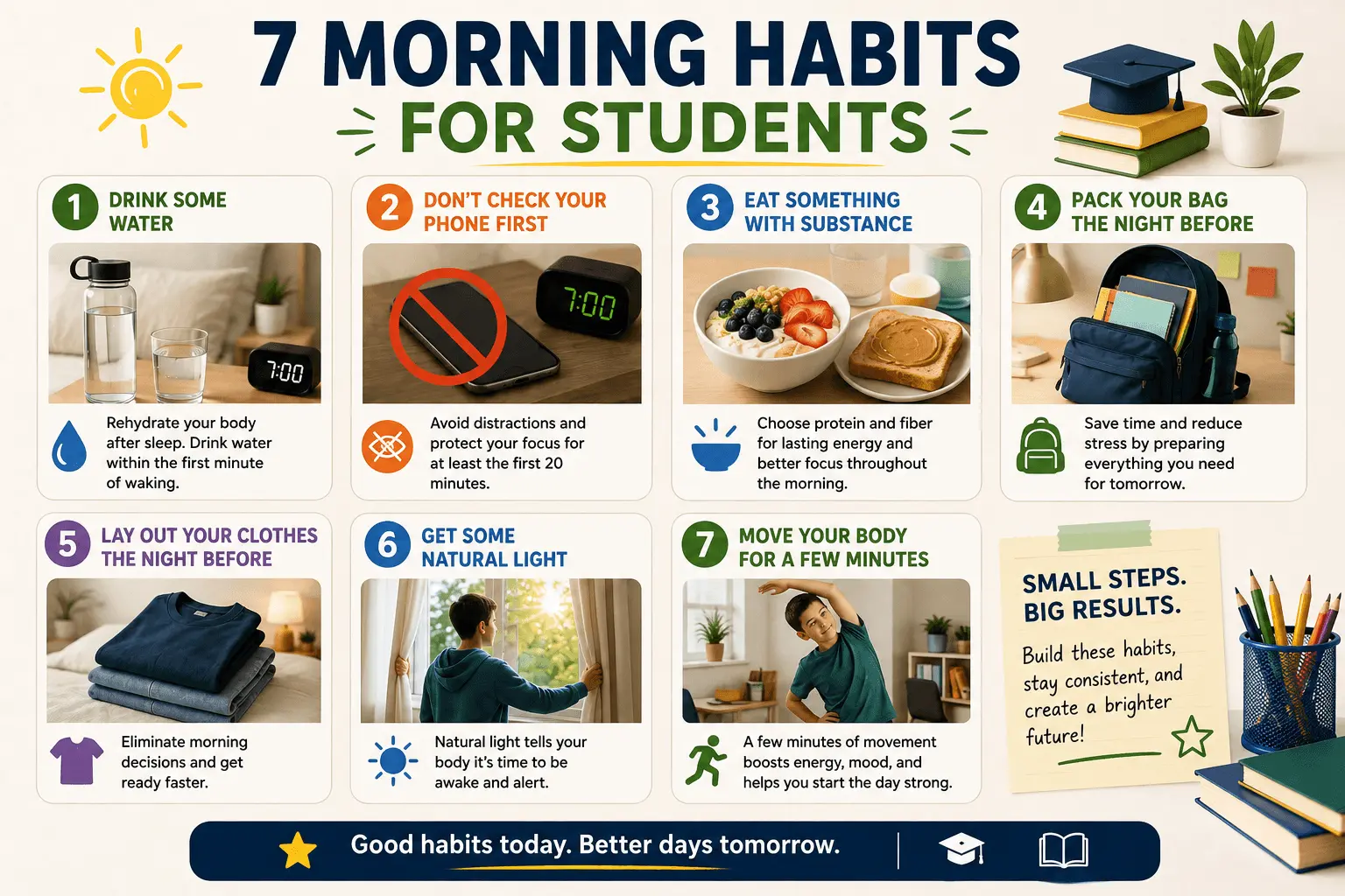 7 morning habits for students, including drinking water, avoiding phones, eating breakfast, packing a bag, preparing clothes, getting natural light, and moving the body.