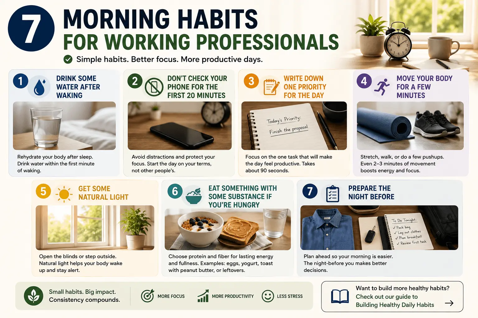 7 morning habits for working professionals, including hydration, avoiding the phone, setting one priority, moving, getting natural light, eating a balanced breakfast, and preparing the night before.