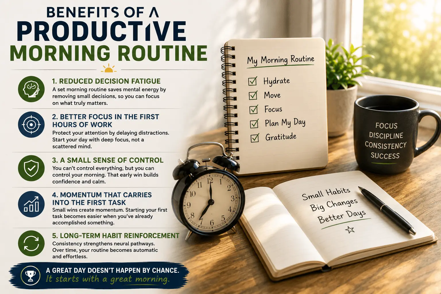 Benefits of a productive morning routine illustrated with a morning planner, alarm clock, coffee mug, notebook, and checklist, showing how consistent daily habits improve focus, reduce decision fatigue, build momentum, and strengthen long-term productivity habits.