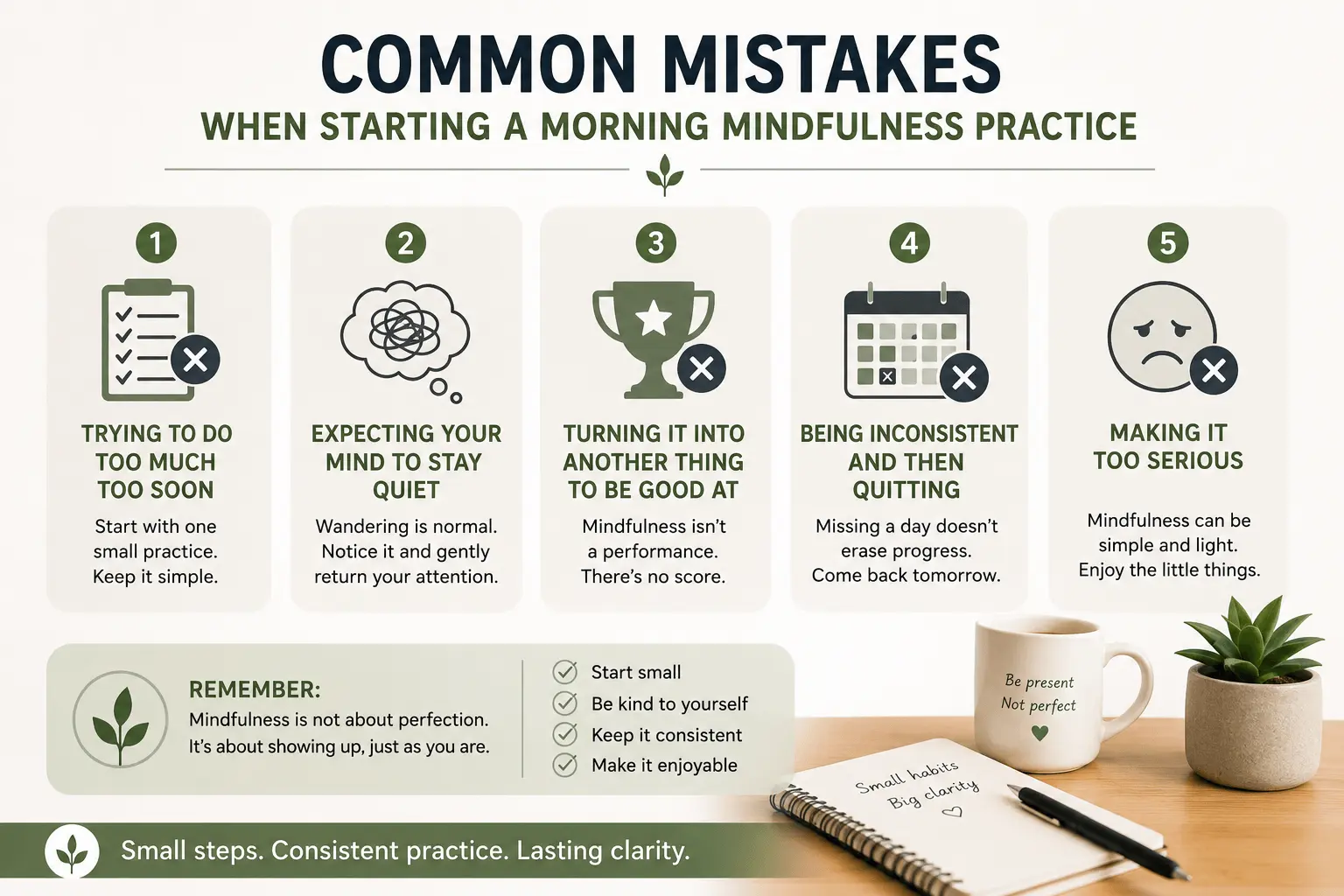 Common morning mindfulness mistakes infographic showing five pitfalls: doing too much too soon, expecting a quiet mind, treating mindfulness as a performance, quitting after missed days, and taking it too seriously.
