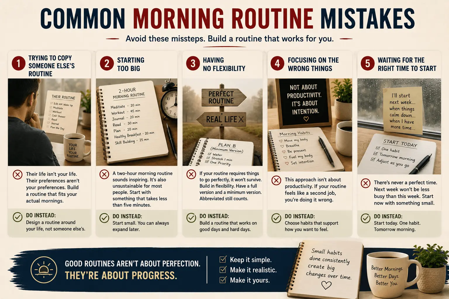 Common morning routine mistakes infographic illustrating five common errors when building a morning routine, including copying others, starting too big, lacking flexibility, focusing only on productivity, and waiting for the perfect time, with practical tips for creating a simple, sustainable morning routine that lasts.