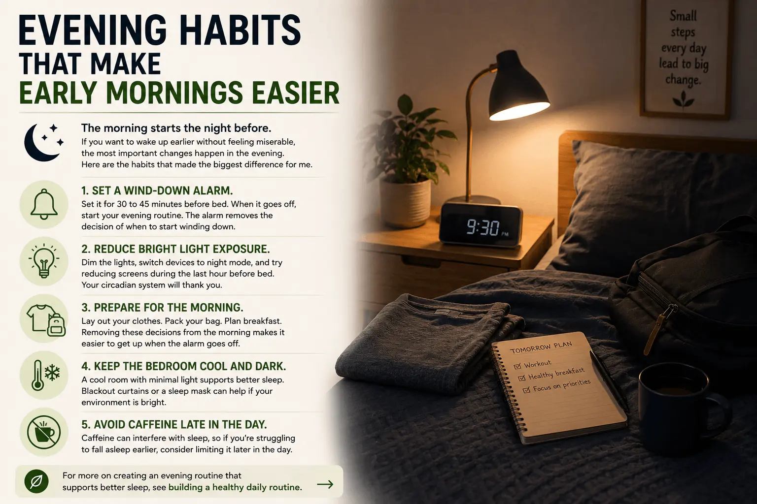 Landscape infographic titled ‘Evening Habits That Make Early Mornings Easier,’ explaining five habits: set a wind-down alarm, reduce bright light exposure, prepare for the morning, keep the bedroom cool and dark, and avoid caffeine late in the day. The right side shows a cozy dimly lit bedroom with a 9:30 PM alarm clock, folded clothes, packed bag, plant, lamp, and a notebook labeled ‘Tomorrow Plan.