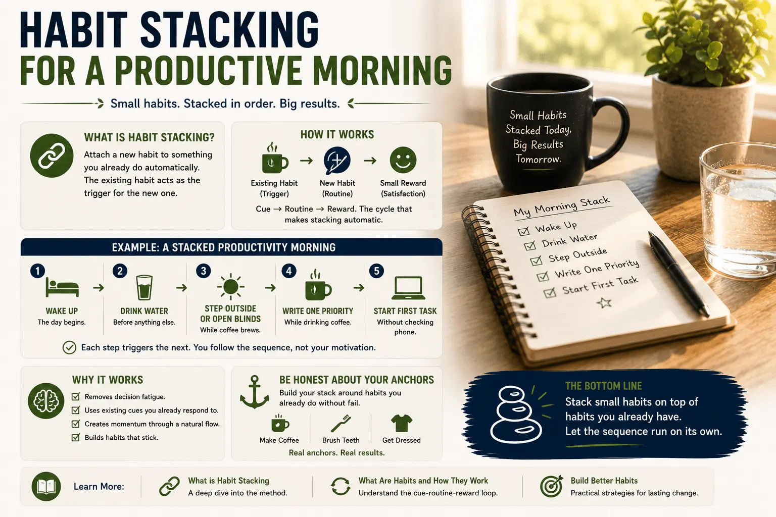 Habit stacking for a productive morning illustrated with a morning checklist, coffee mug, water glass, notebook, and step-by-step habit chain, showing how linking small daily habits creates a consistent, productive morning routine.