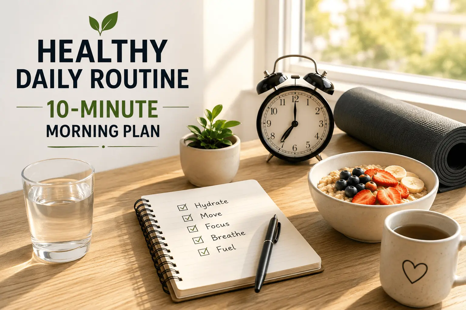 Healthy daily routine feature image showing a clean 10-minute morning plan with a glass of water, alarm clock, notebook, healthy breakfast, and sunlight, illustrating simple daily habits that improve energy, focus, and productivity through a consistent morning routine.