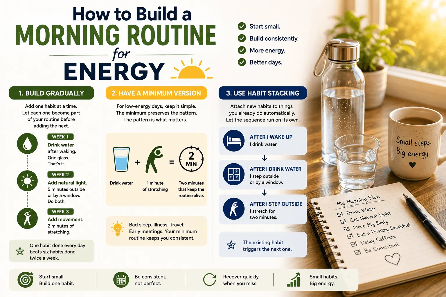 How to build a morning routine for energy using gradual habit building, a minimum routine, and habit stacking.